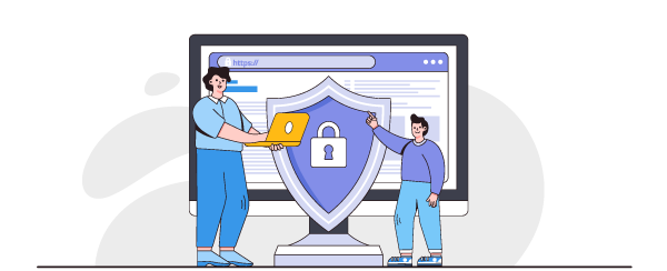 Ilustração de um adulto e uma criança e um computador com escudo no meio.